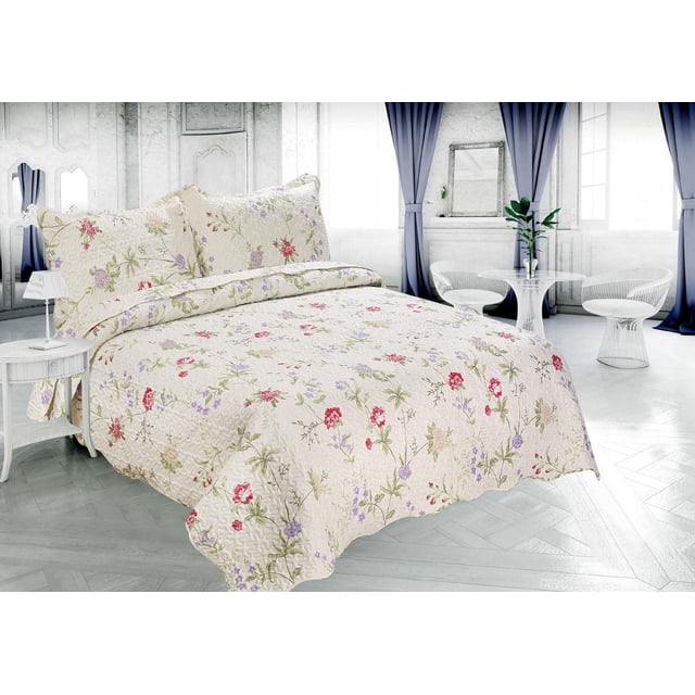 ultra soft summer quilt set with embossed pinsonic coverlet featuring light floral print in pink, green, red and purple on cream color displayed on bed
