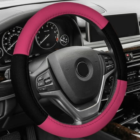 FH Group Cloth Steering Wheel Cover for Sedan, SUV, Van, Cloth Steering Wheel Cover, Pink Black
