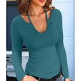 thumbnail image 4 of Womens Fall Clothes Long Sleeve Shirts Halter U Neck Ribbed Knit Slim Fitted Basic Casual Tops Green S, 4 of 9