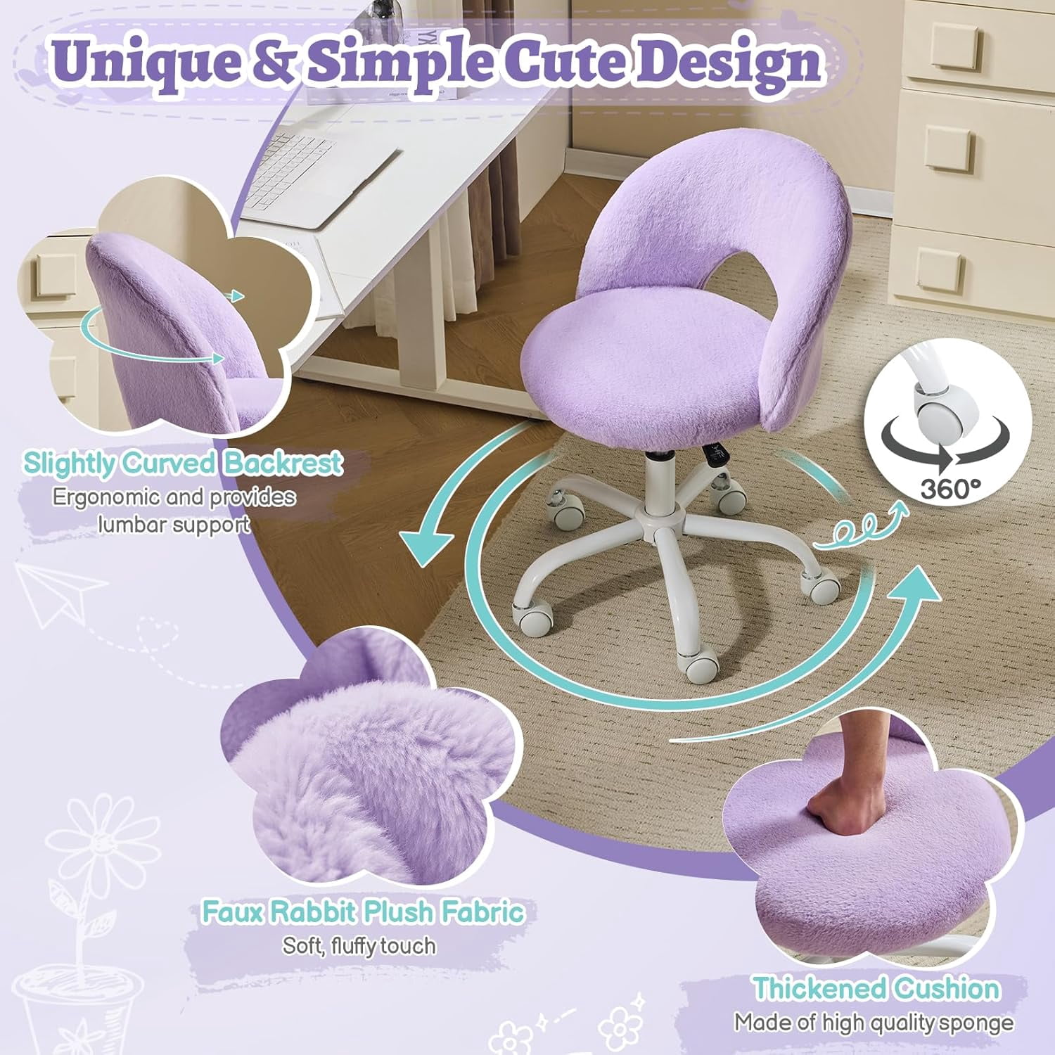 VINGLI Small Vanity Chair with Wheels for Girls.Cute Modern Adjustable Height Armless Office Desk Chair.360°Swivel Comfy Rolling Chair for Study, Make up Room,Small Space,Linen White