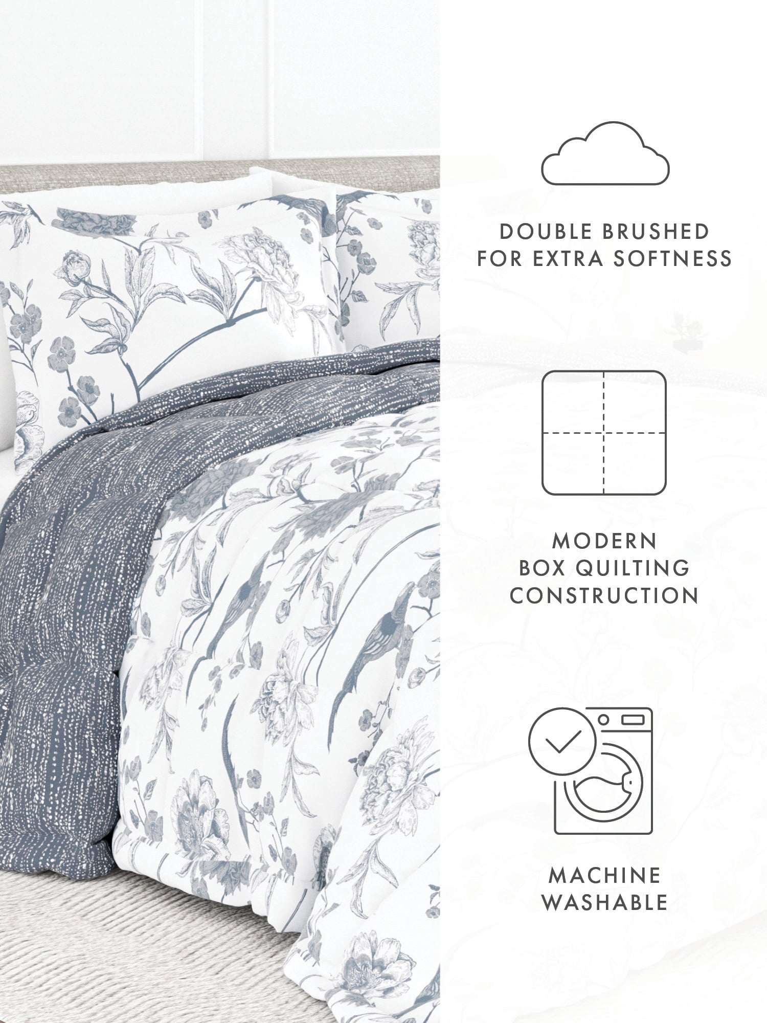 Comfort Canopy - 3 Piece Light Blue Floral Molly Botanicals All Season Down-Alternative Comforter for King Size Beds