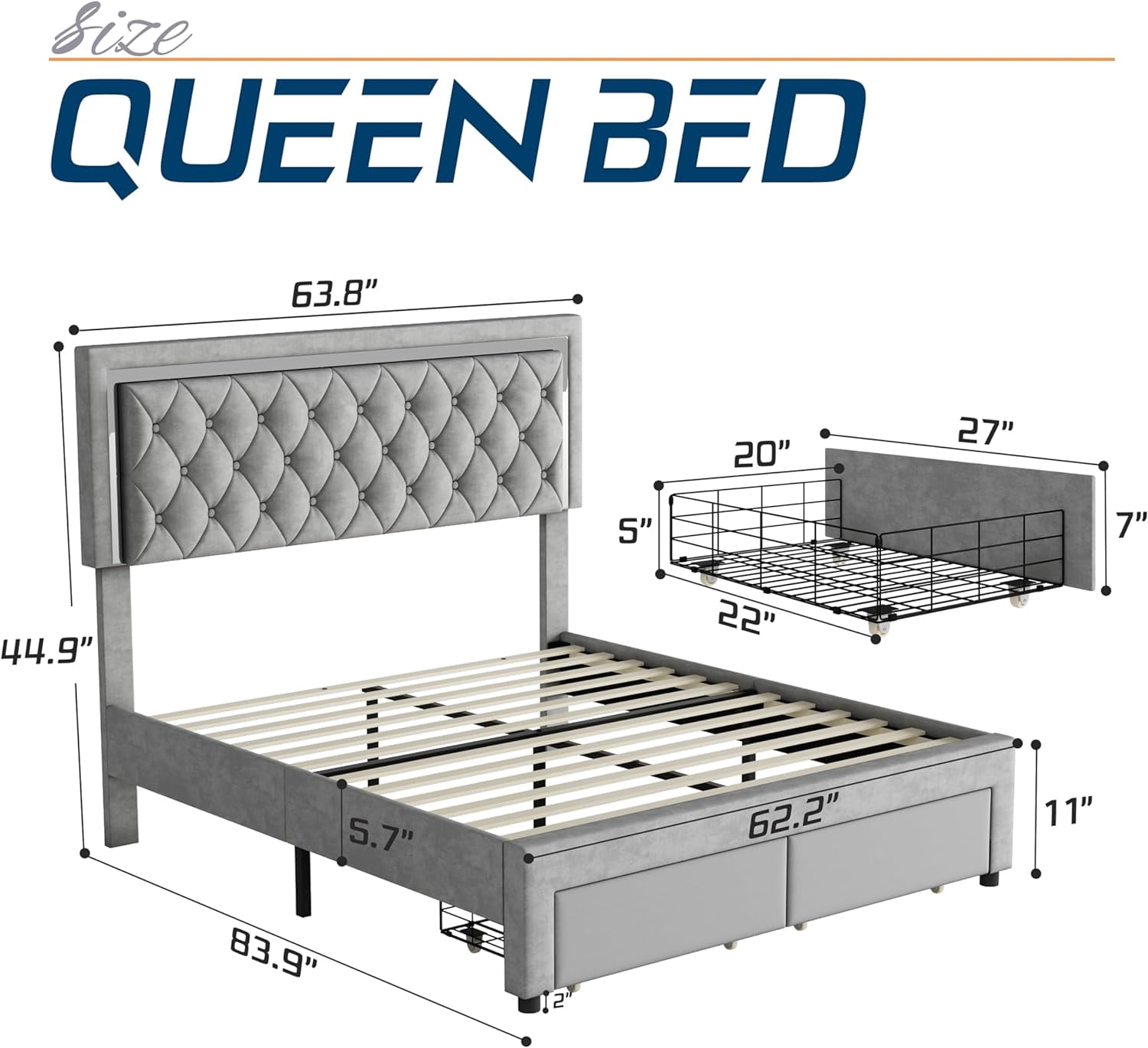 LUXOAK Queen Bed Frame with LED Lights&Storage Drawers,Velvet Upholstered Platform Bed,Light Grey