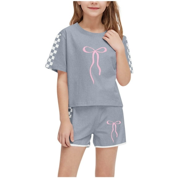 EWASWON Kids Girls Clothes on Clea-rance,Summer Butterfly Bow Plaid T-Shirt Tops and Elastic Shorts Pants Casual Outfits Set,Gray,Size 9 T