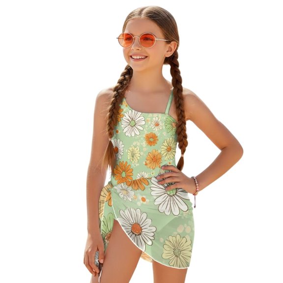 Jiueut Daisy Print Girls Bathing Suit for Summer Party One Piece Swimsuits with Mesh Cover Up Pool Cut Out Beach Outfits