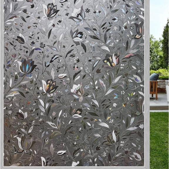 Stained Glass Window Film, Tulip Floral Pattern Static Cling Privacy Film, Non-Adhesive UV Sun Blocking Decorative Glass Covering for Home Bathroom, 23.62" x 78.74"