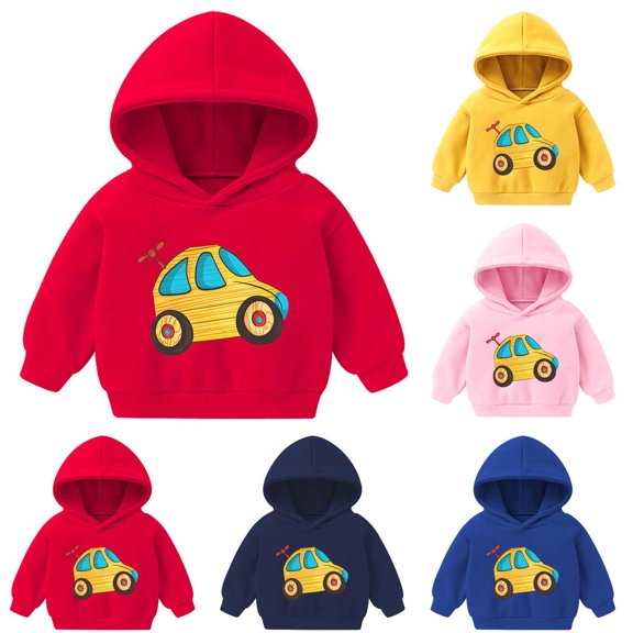 Tranfacy Toddler Kids Boys Girls Fall Winter Hooded Sweatshirts Pullover Casual Print Long Sleeve Round‑Neck Daily Outfit Tops for 2‑7 Years Old