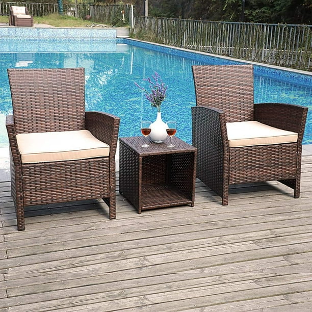 3 Piece Wicker Outdoor Bistro Table Set Pe Rattan Patio Porch Furniture Chairs With Storage Side Table Beige Cushion Brown Walmart Com Walmart Com