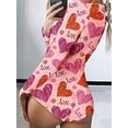 thumbnail image 3 of Women’s Long Sleeve Valentine Day Jumpsuit Bodycon V Neck Heart Lip Print Button Down Short Romper Indoor Sleepwear, 3 of 4