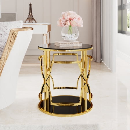 19.7" Luxury Gold Round Side Table with Tempered Glass Top & Storage Shelf, Modern Glam End Table with Metal Frame for Living Room, Bedroom, Sofa Side, Small Space Accent Table