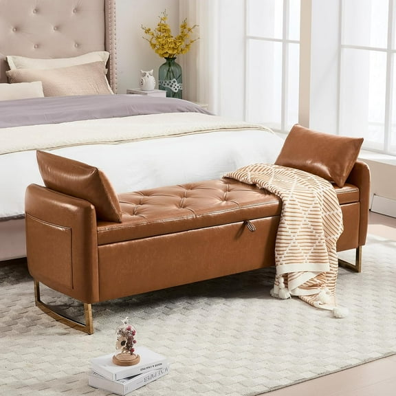 65" Storage Ottoman , End of Bed Storage  King Size with Tufted Button Upholstered and Gold Legs, Leather Bedroom Benches with Armrests for Living Room Window, Brown