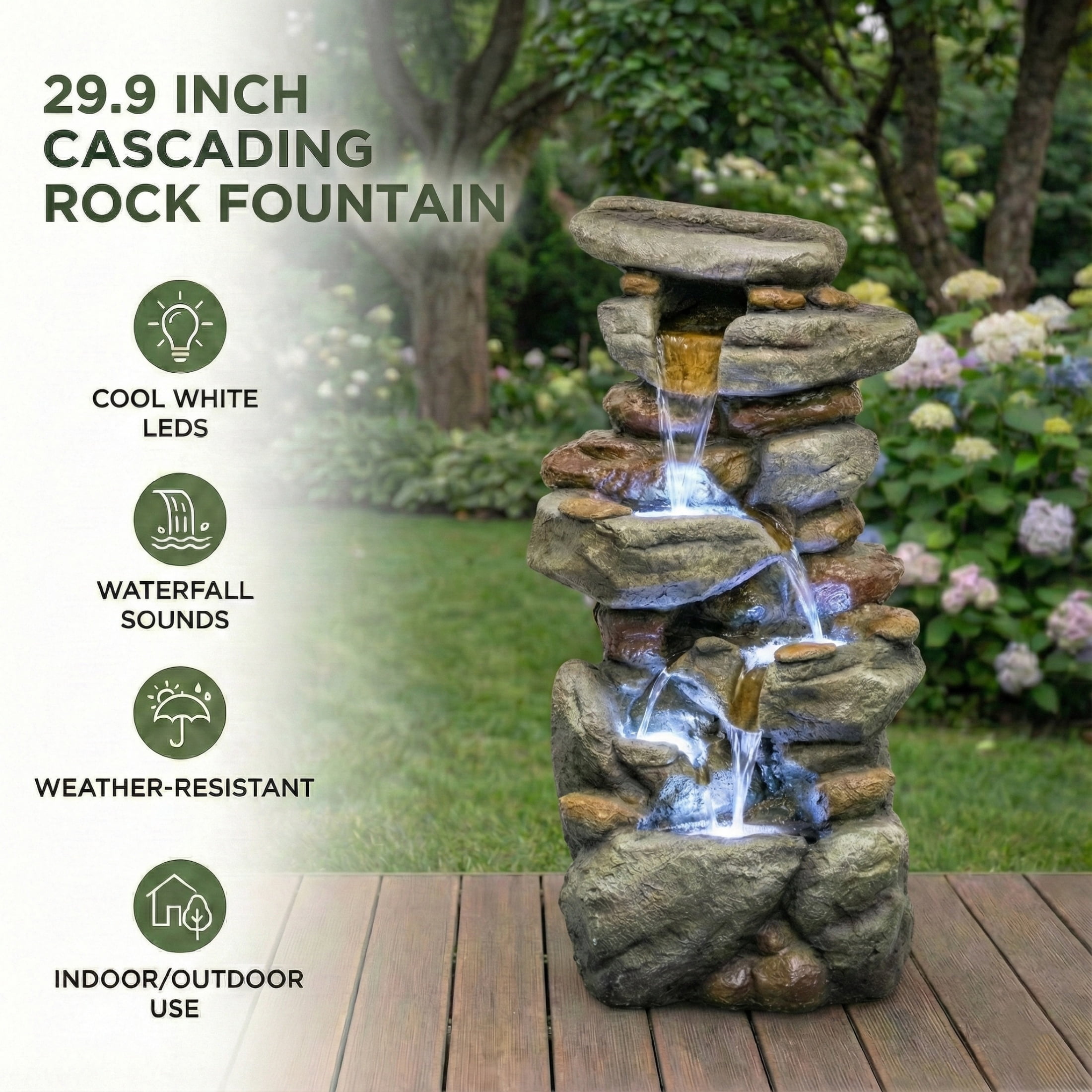 Nyddle Large Outdoor Water Fountain,30'' Natural Stone Style Fountain with LED Light,Decorative Cascading Water Feature for Patio,Yard,Garden,Backyard & Entryway