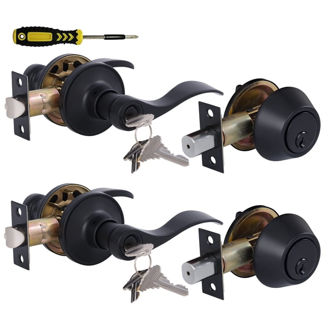 Lanwandeng Keyed Alike Front Door Lever Lockset with Single Cylinder Deadbolt Combination Set, All Keyed Same Exterior Door Handle with Lock and Dead