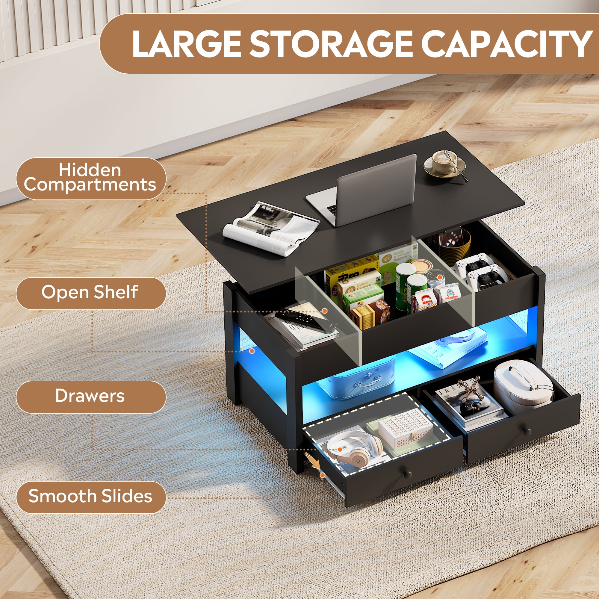 GALAXHERO Lift Top Coffee Table for Living Room Table with 2 Drawers & LED Light & Large Storage and Open Shelf Black