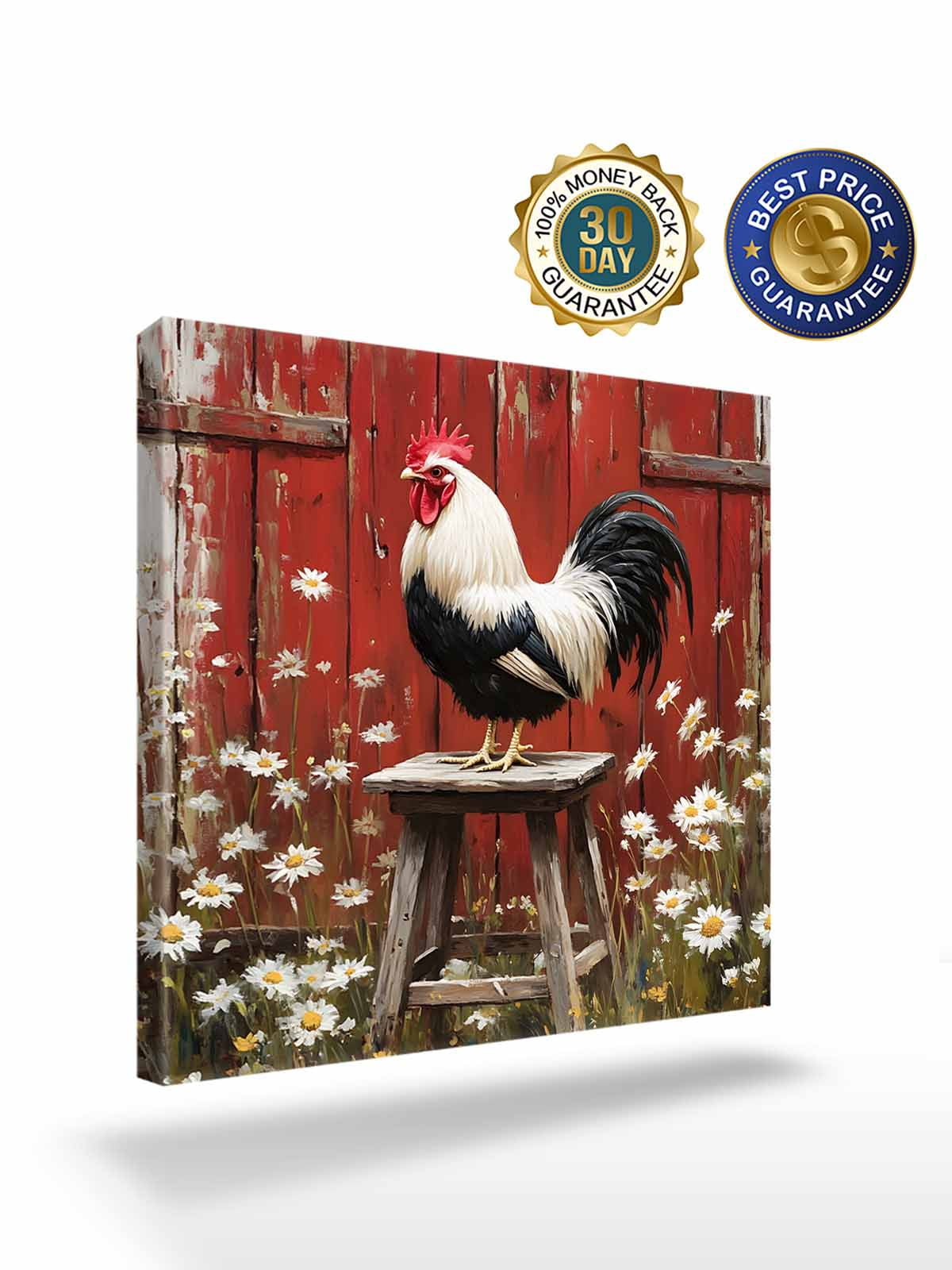 Rustic Farmhouse Canvas Wall Art, Rustic Red Barn Rooster Wildflowers Framed Wall Decor Modern Artwork Prints Painting for Living Room, Bedroom, Kitchen & Cafe Decor 16x16 Inch