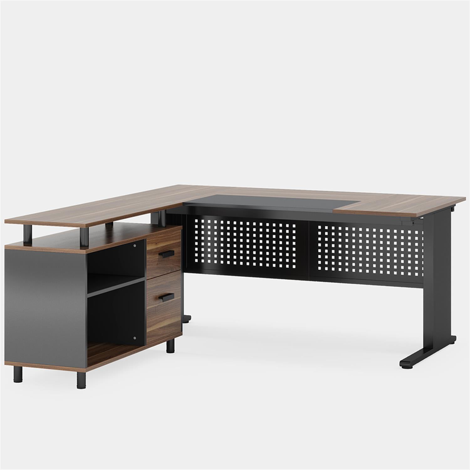 Demi Bonn 63" L-Shaped Computer Desk with File Cabinet and 2 Drawers, Corner Office Desk Study/Writing Table for Home Office Gaming, Beige & Black