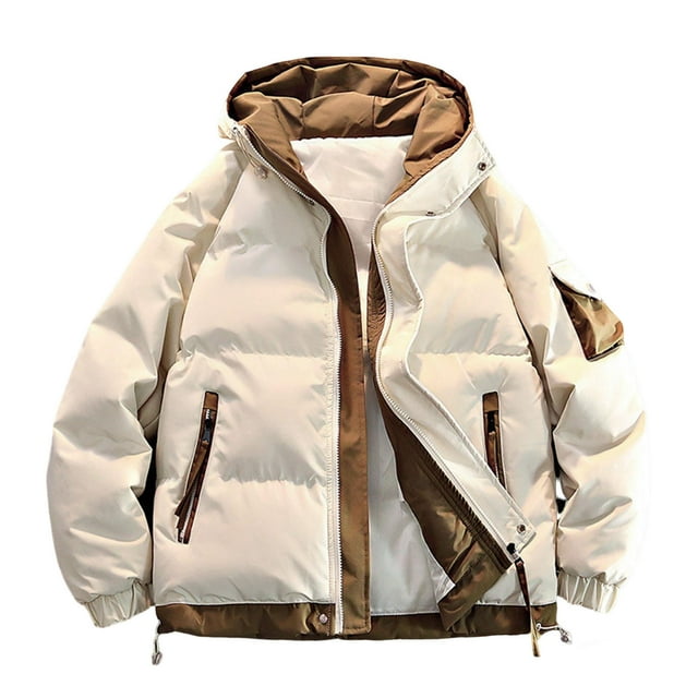 Men's Solid Color Hooded Zipper Multi-Pocket Cargo Thickened Long Sleeve Parka