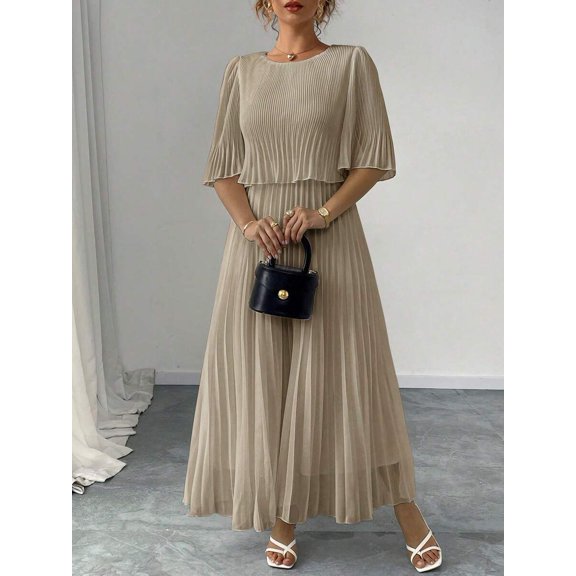Womens Khaki Solid Color Round Neck Batwing Sleeve Chiffon Pleated Maxi Dress
