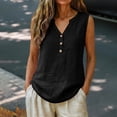 thumbnail image 4 of Womens Cotton Linen Button down Shirts Slim Fit Casual Summer Sleeveless Blouses Business Casual V Neck Plain Tank Tops by Awwp Black L, 4 of 6