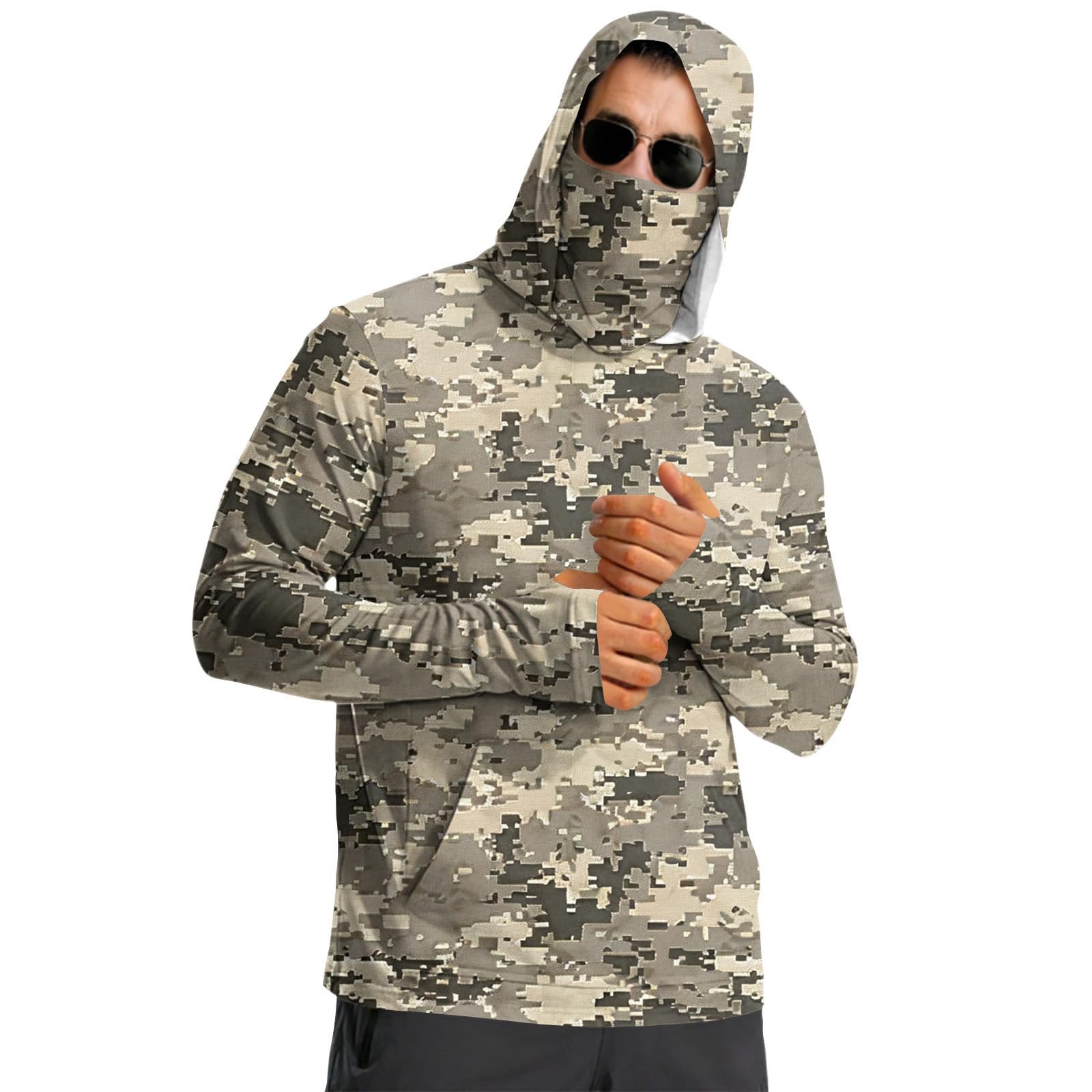 DPTALR Men s Digital Camo Balaclava Hooded Shirt,UPF 50+ Sun Protection Face Cover,Quick Dry Long Sleeve Top,with Thumb Holes,for Hunting,Hiking Multicolor Big Men s Tall Men s XXXL