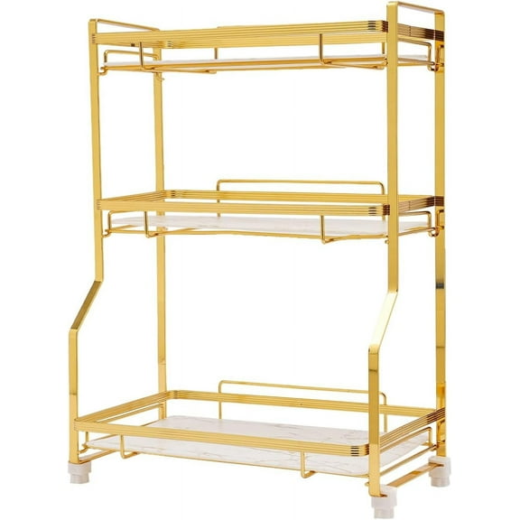 3 Tier Bathroom Countertop Organizer, Gold Bathroom Vanity Counter Organizer with Small Storage Basket for Skincare Makeup Perfume