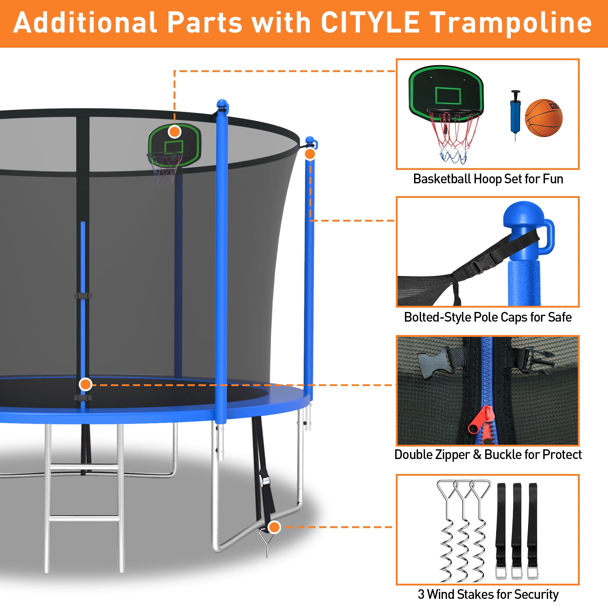 CITYLE Trampoline 10FT Trampoline for Kids and Adults, Outdoor Trampoline with Enclosure Net, Backyard Trampoline with Basketball Hoop, Wind Stakes, Ladder, Weather Resistant, Easy Assembly,Last Long