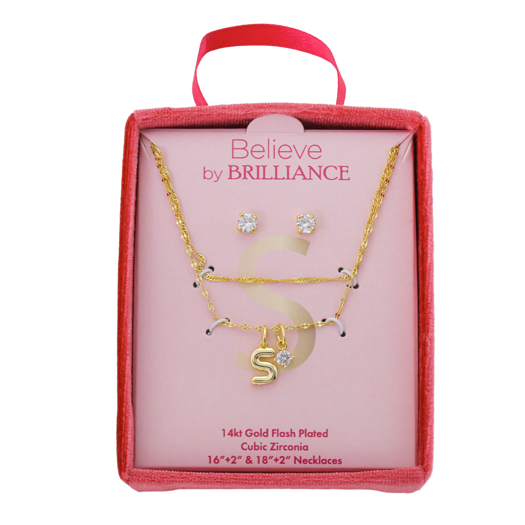 Believe by Brilliance Women's 14Kt Gold Flash Plated Initial S Slider Charm and Cubic Zirconia Charm Layered Necklace and Stud Earring Set, 16+2"/18+2"