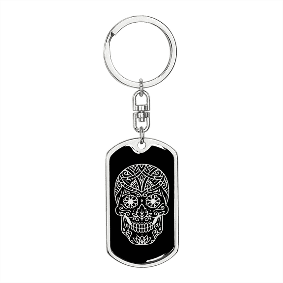 Calavera Mexican Sugar Skull 131 Stainless Steel or 18k Gold Premium Swivel Dog Tag Keychain