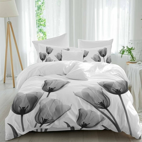 Black Tulip Duvet Cover Set King Size, Minimalist Modern Flower Plant Art 4 Piece Soft Microfiber Bedding Set with 1 Duvet Cover, 1 Flat Sheet, 2 Pillowcases