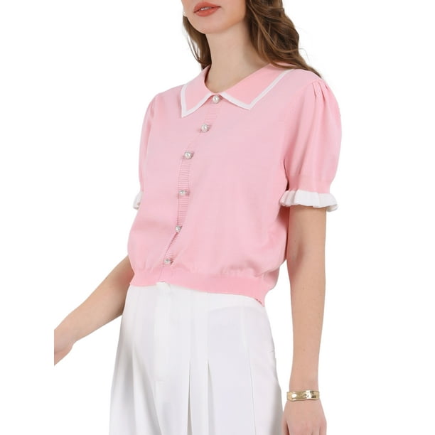 INSPIRAR CHIC Blusa Vintage de Punto con Cuello de Solapa y Mangas Abullonadas para Mujeres M Rosa
