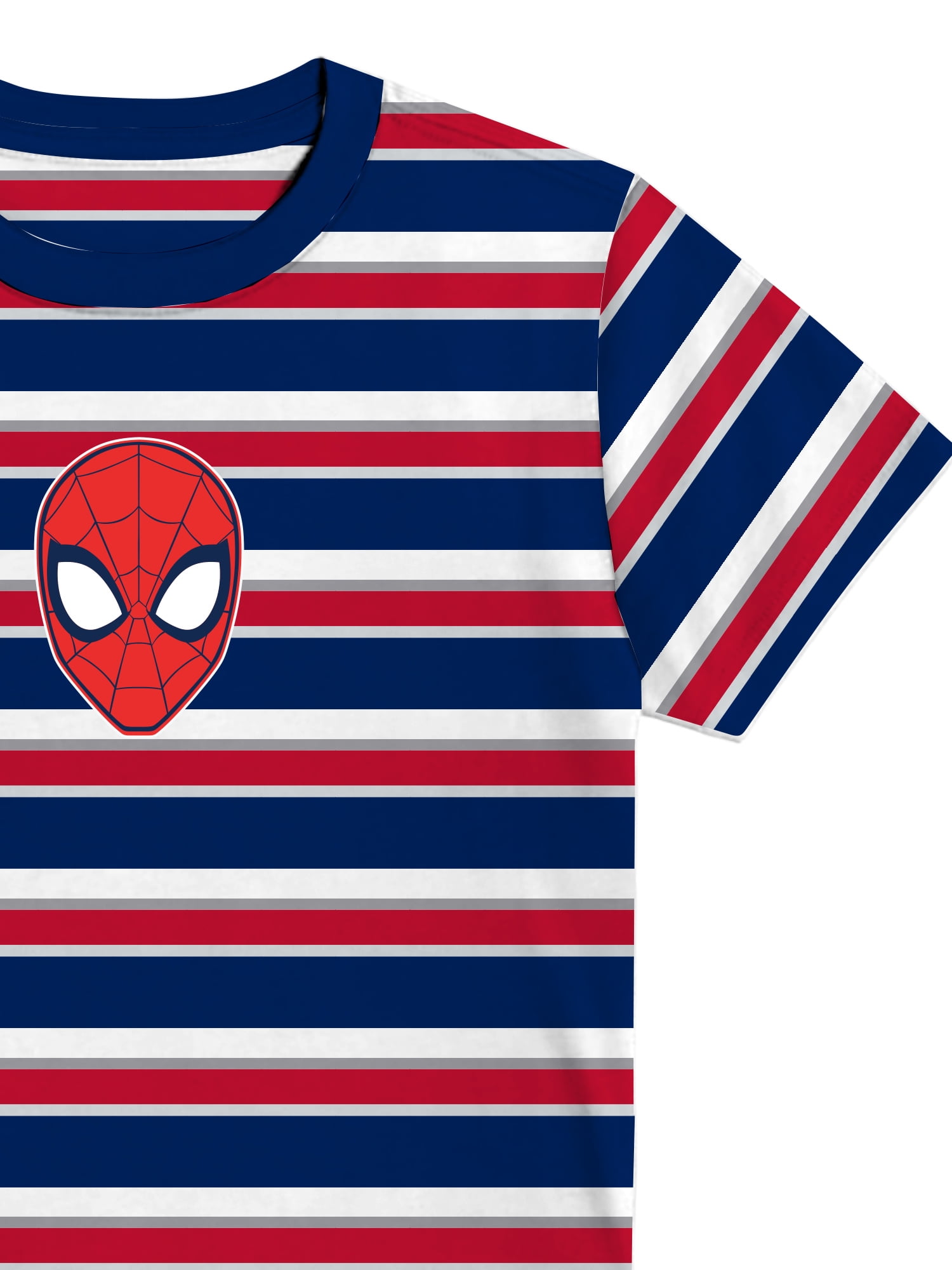 Spider-Man Head, Boys Graphic Crew Neck Short Sleeve Embroidered Striped Tee, Sizes 4-18