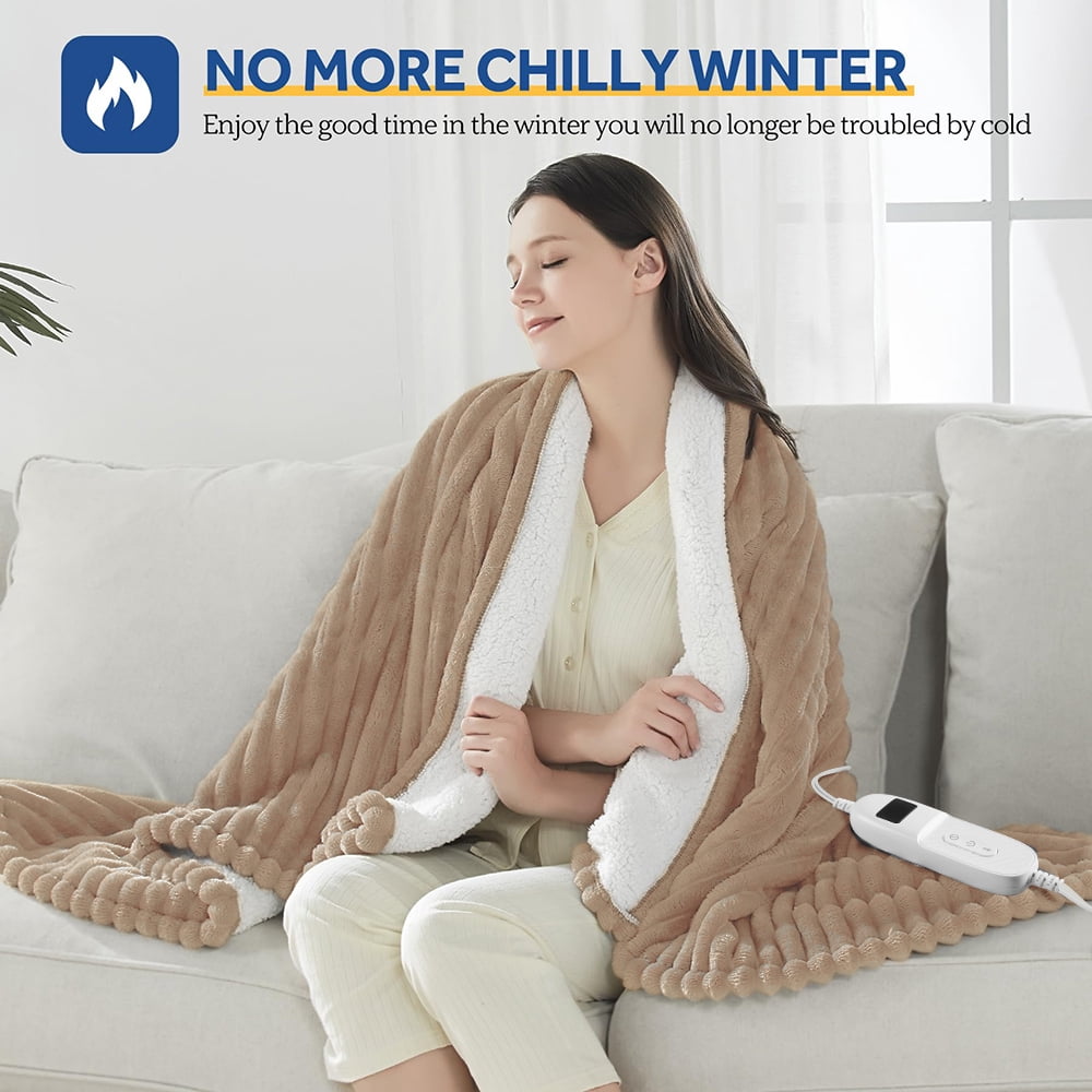 Heated Electric Throw Blanket, 50"x60", 6 Heat Levels, Auto-Off Timer, Machine Washable, Brown