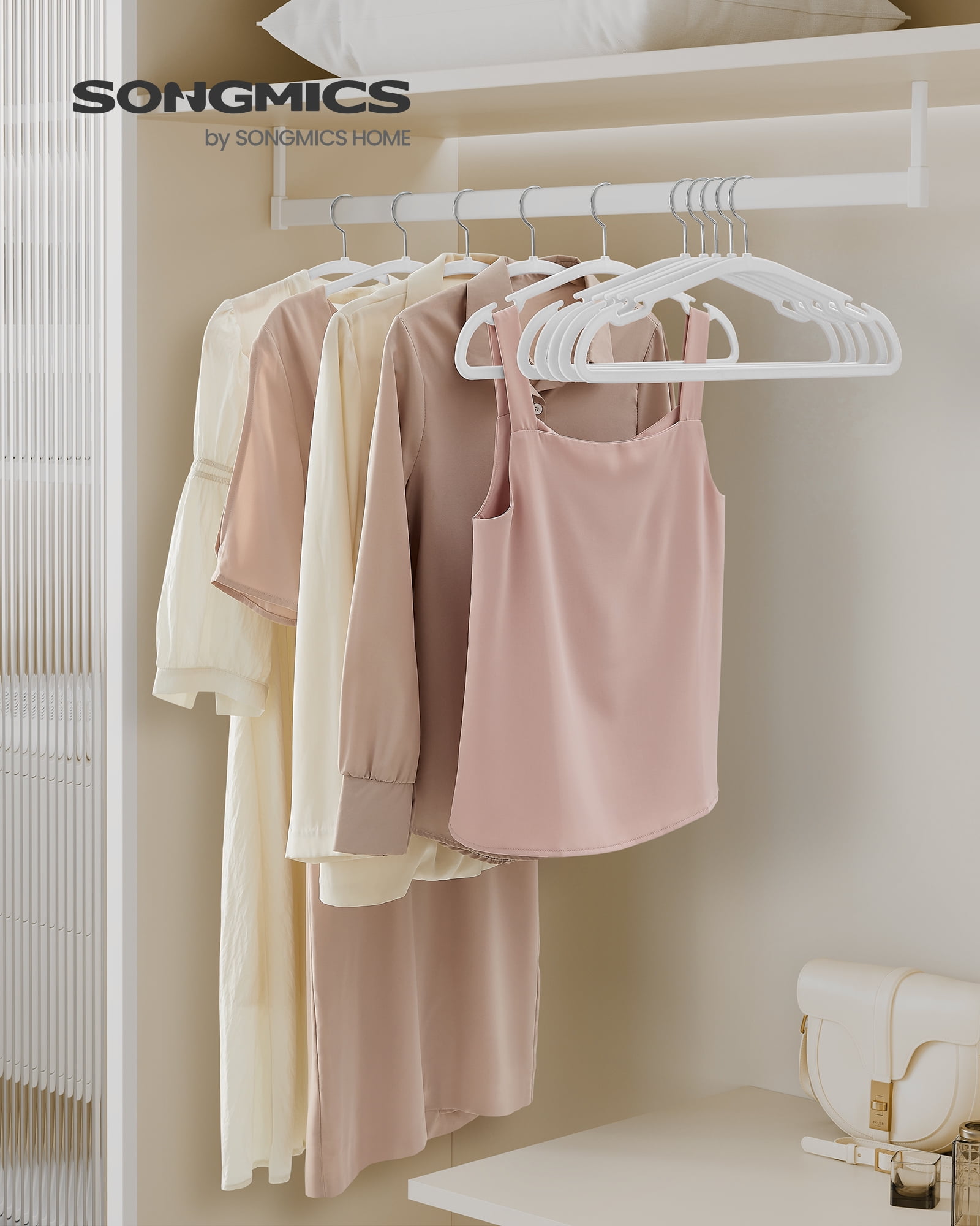 Velvet Hangers 50 Pack, Non-Slip Clothes Hangers, 17 x 8.3 Inches, Coat Hangers with Wide Shoulder Notches, Pants Bar, 360° Swivel Hook, Space-Saving, for Closet, Cloud White