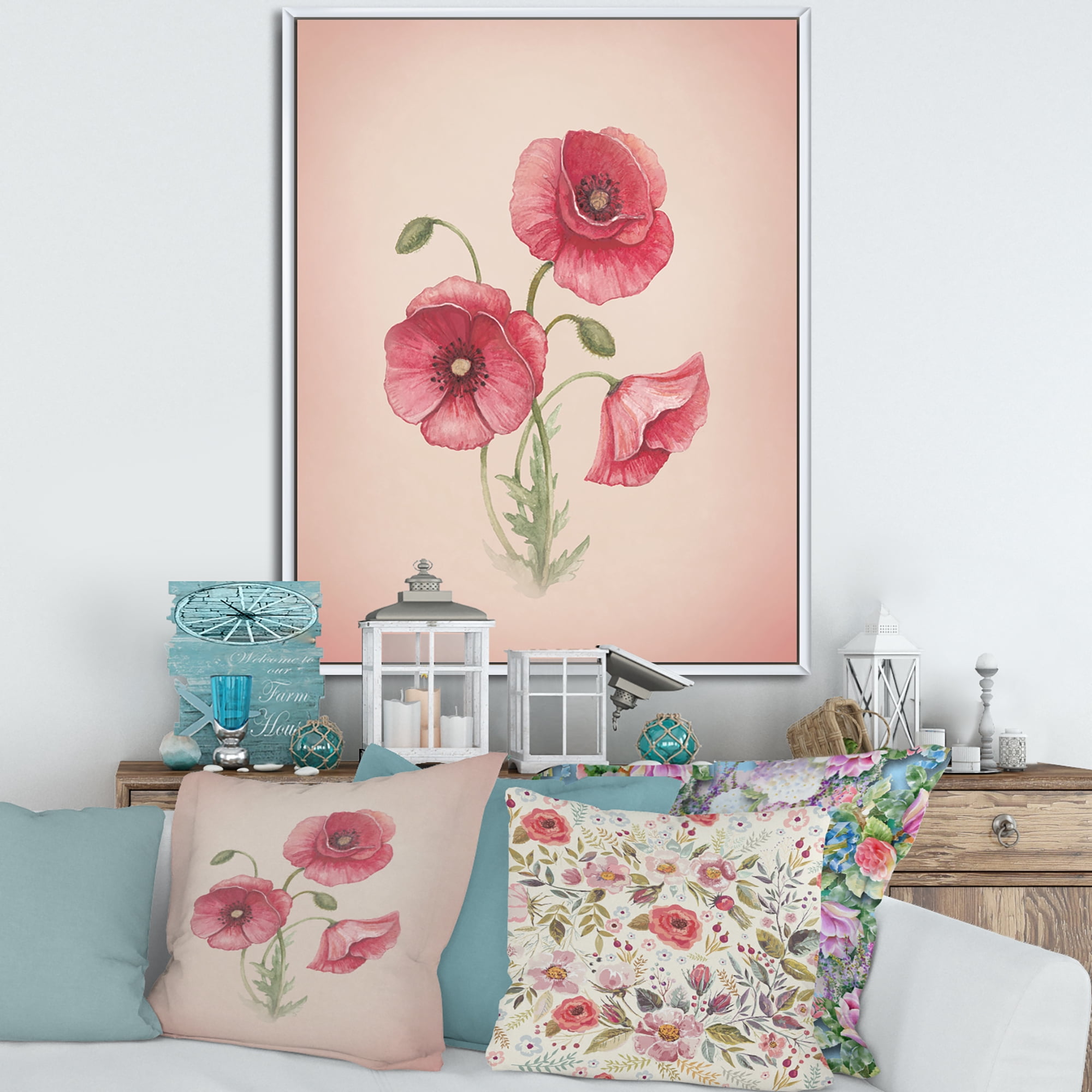 Designart 'Poppy Retro Flowers' Vintage Framed Canvas Wall Art Print