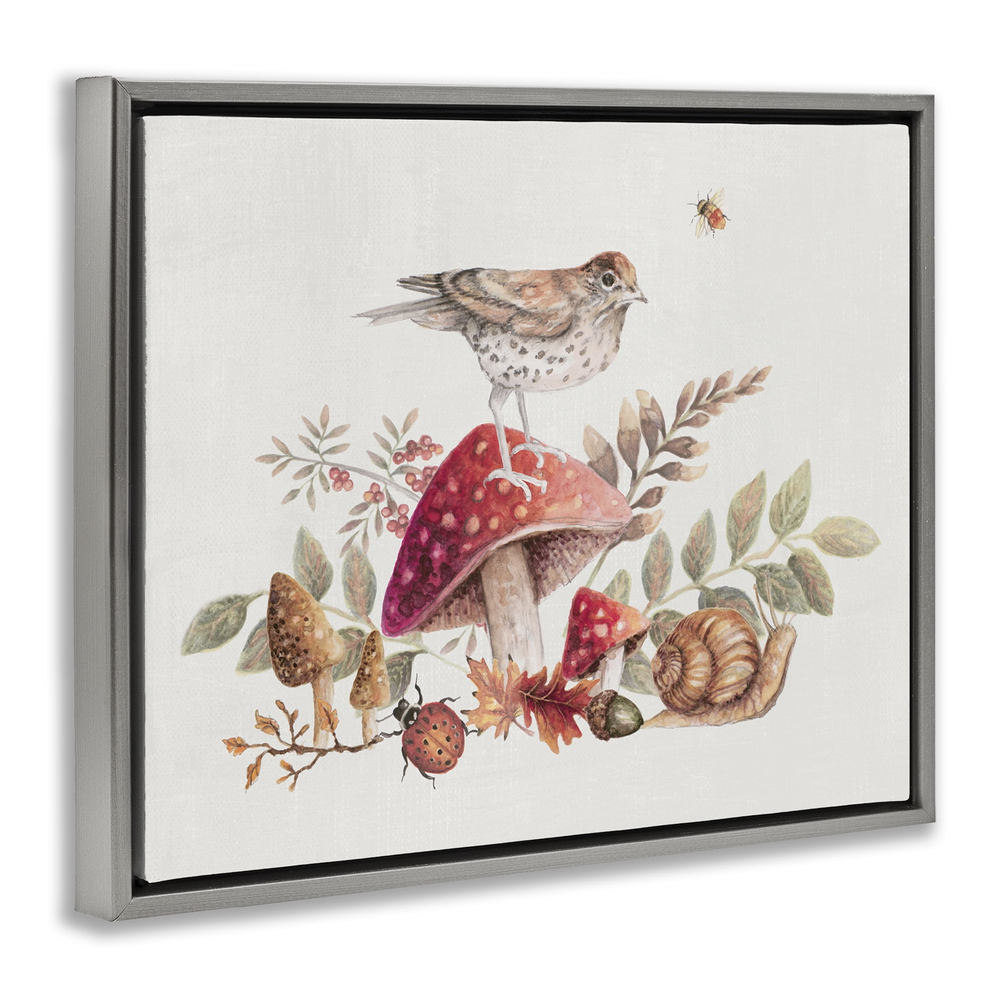 Stupell Industries Rustic Botanicals & Bird Botanical & Floral Painting Gray Floater Framed Canvas Art Print Wall Art, 21 x 17