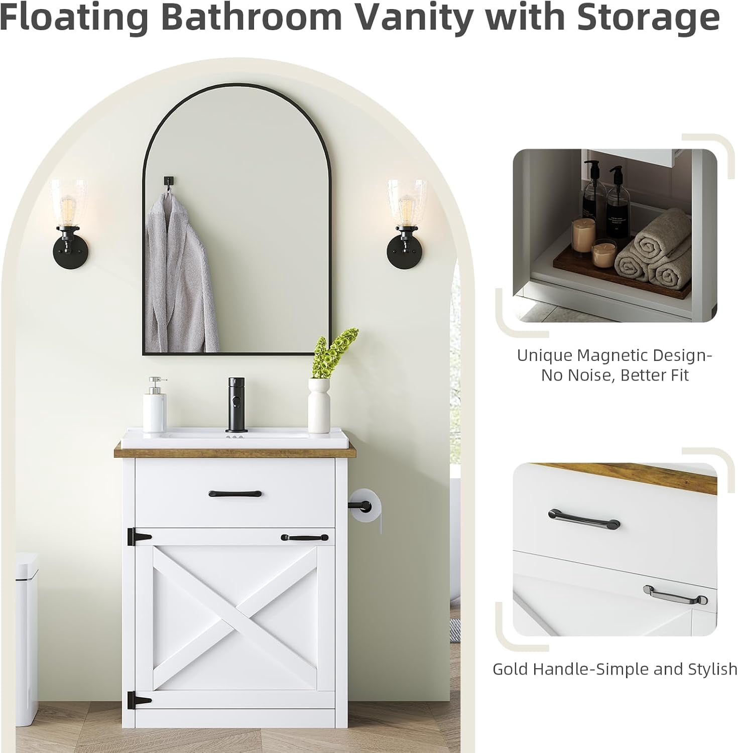 DreamCurship Farmhouse Bathroom Vanity with Sink, Freestanding Sliding Barn Door Drawer, Ceramic Sink, 24 Inch, White