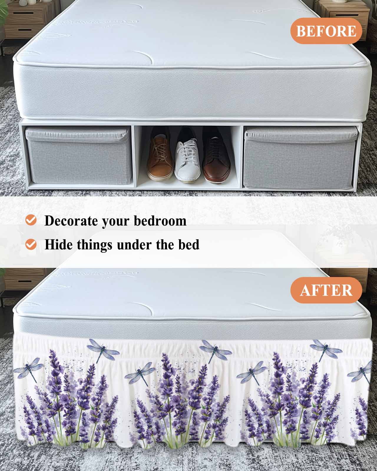 Purple Lavender Wrap Around Bed Skirts for Queen Bed 16" Drop,Bed Skirt with Adjustable Elastic Belt Dust Ruffle Bed Valance for Bedroom Hotel Pastoral Botanical Floral Dragonfly Bed Frame Cover