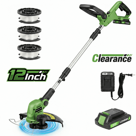 TACKLIFE 20V 12" Cordless String Trimmer & Edger, Handle Adjustable Weed Eater  Grass Trimmer with 3 lines, 2.0Ah Battery & Charger, Auto Line Feed,Green