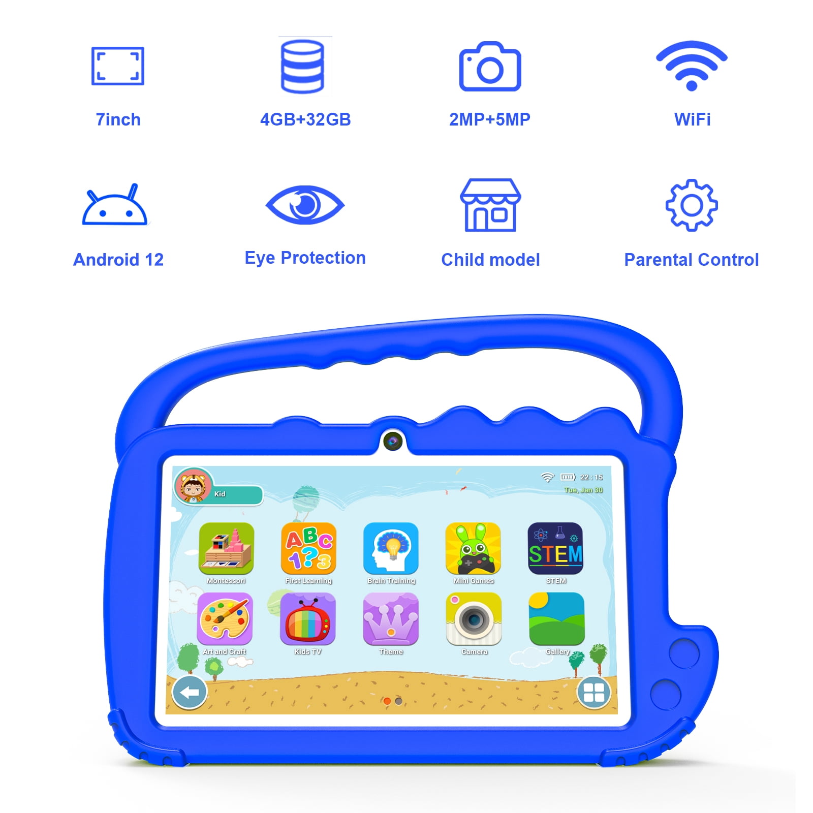 Kids Tablet, Toddler Tablet, 7 inch Tableta for Boys Girls, 32GB ROM 4GB RAM Android 12 Tablet, WiFi Dual Camera 7" Safety Eye Protection Screen, Parental Control APP, Latest Model Kid Tablets. Blue.