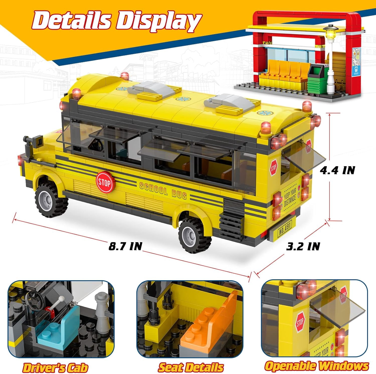 City School Bus Building Kit with Yellow Bus and Bus Station, Creative Building Blocks Toy Birthday Gifts for Kids Boys Girls Aged 6-12 (488 Pieces)