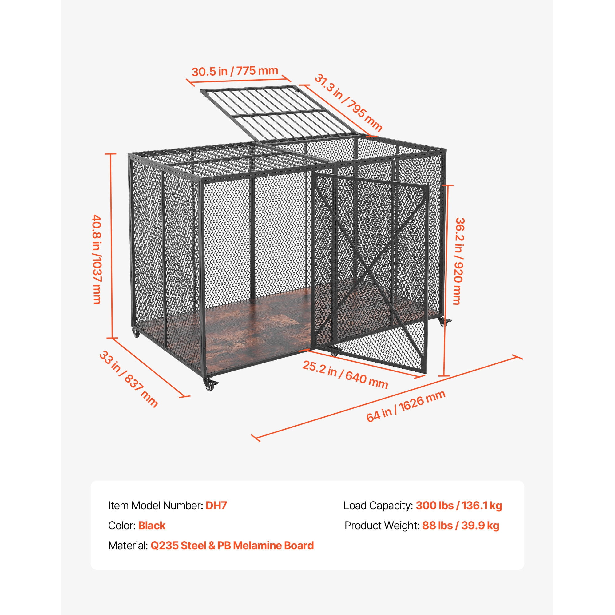 KFFKFF 64-Inch Heavy-Duty Dog Crate, 300 lbs Capacity, Durable Escape-Resistant Kennel for Large Anxious Dogs, Steel Pet Cage with Dual Doors & Lockable Wheels