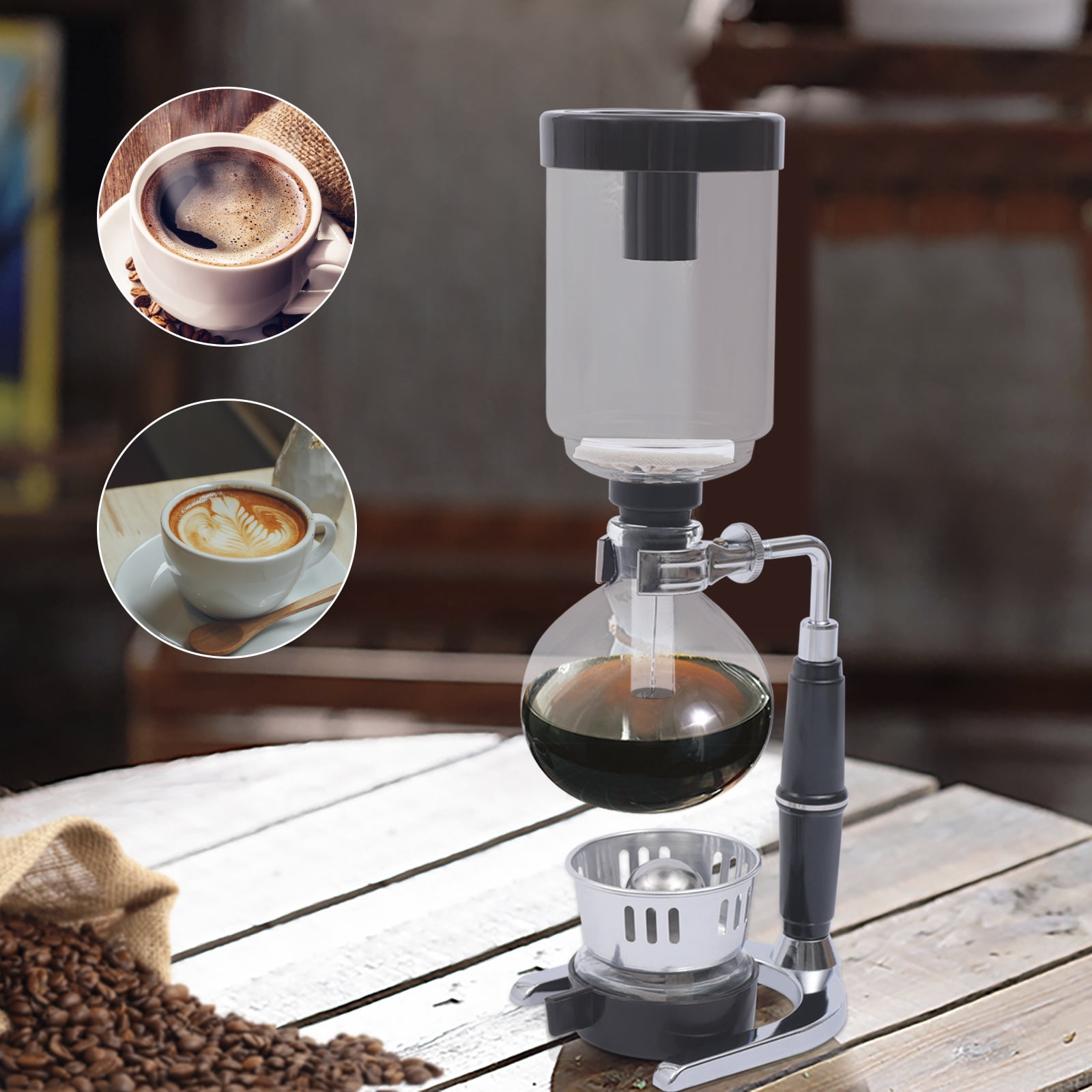Black Glass Stainless Steel 13x36.5cm Siphon Coffee Pot 360ml Alcohol Lamp Coffee Maker Retro Coffee Set