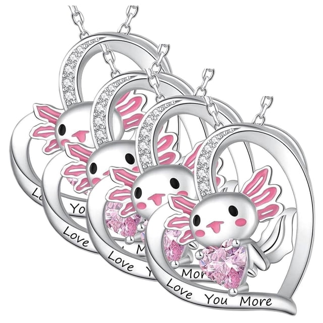 Ajolote Cadena con Dije AxolotlNeck06 4Pzas Ajolote/Corazón Plata/Rosa Metal Cadena y Dije.