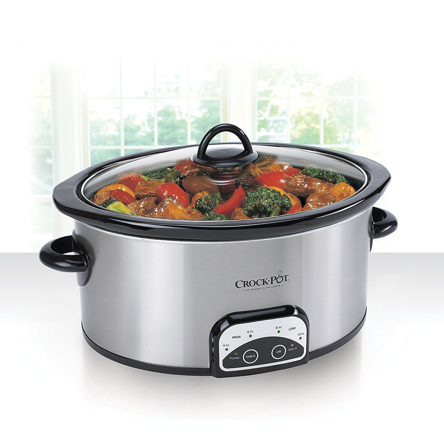 Portable 7 Quart Slow Cooker with Locking Lid and Auto Adjust Cook Time  Technology, Stainless Steel