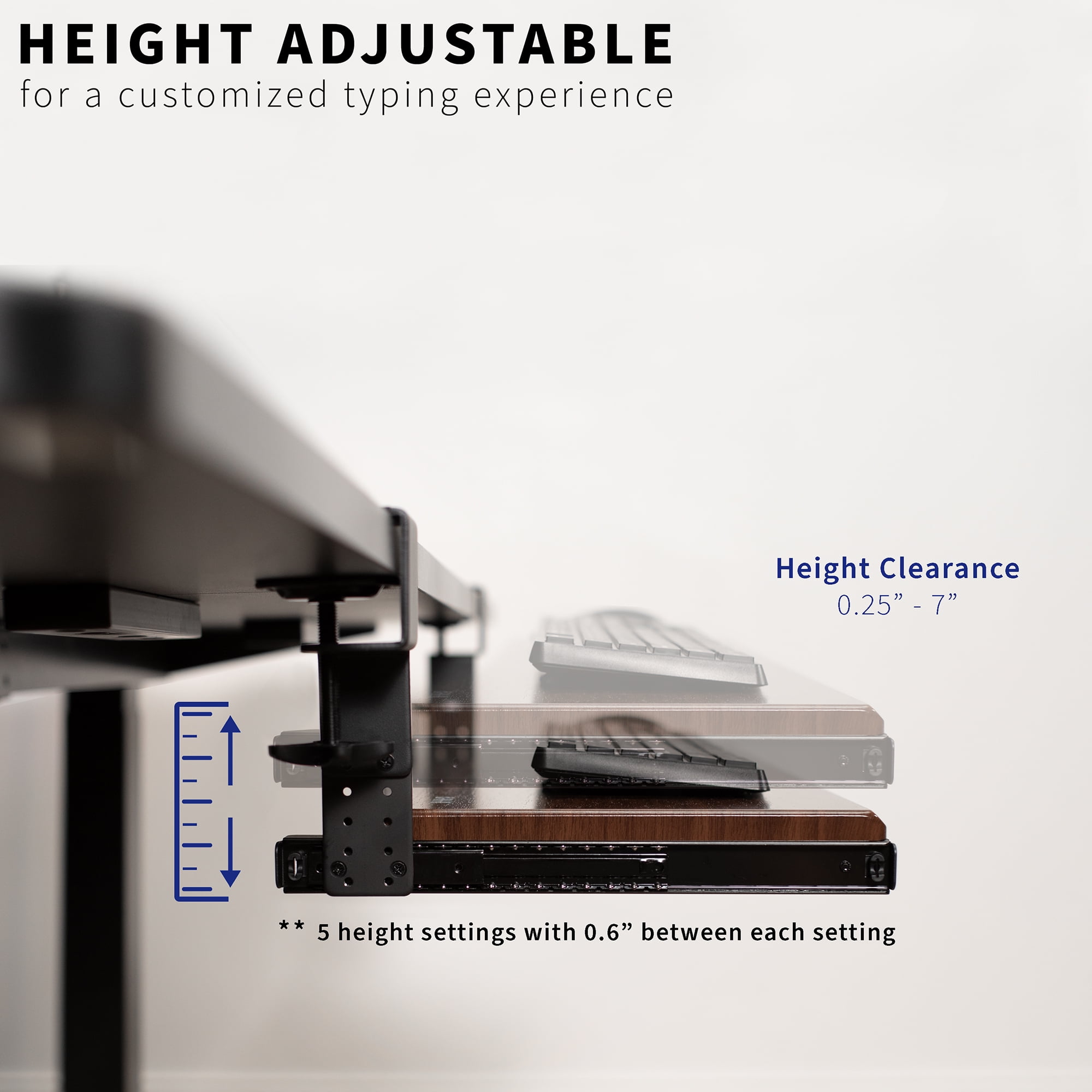 VIVO Dark Walnut Clamp-on Height Adjustable Keyboard & Mouse Under Desk Tray