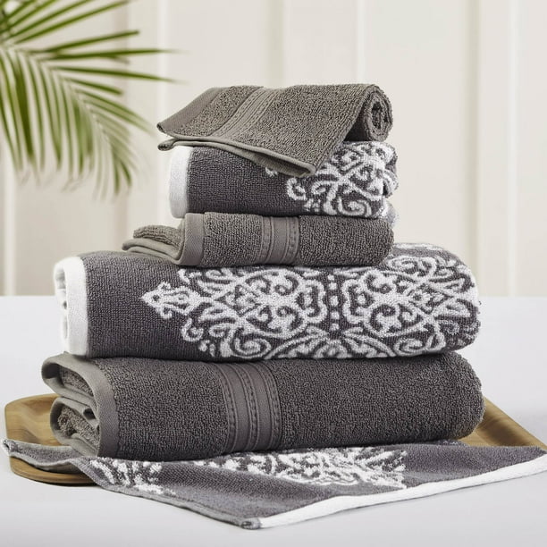 6 Piece Reversible Yarn Dyed Jacquard Towel Set, Artesia Damask