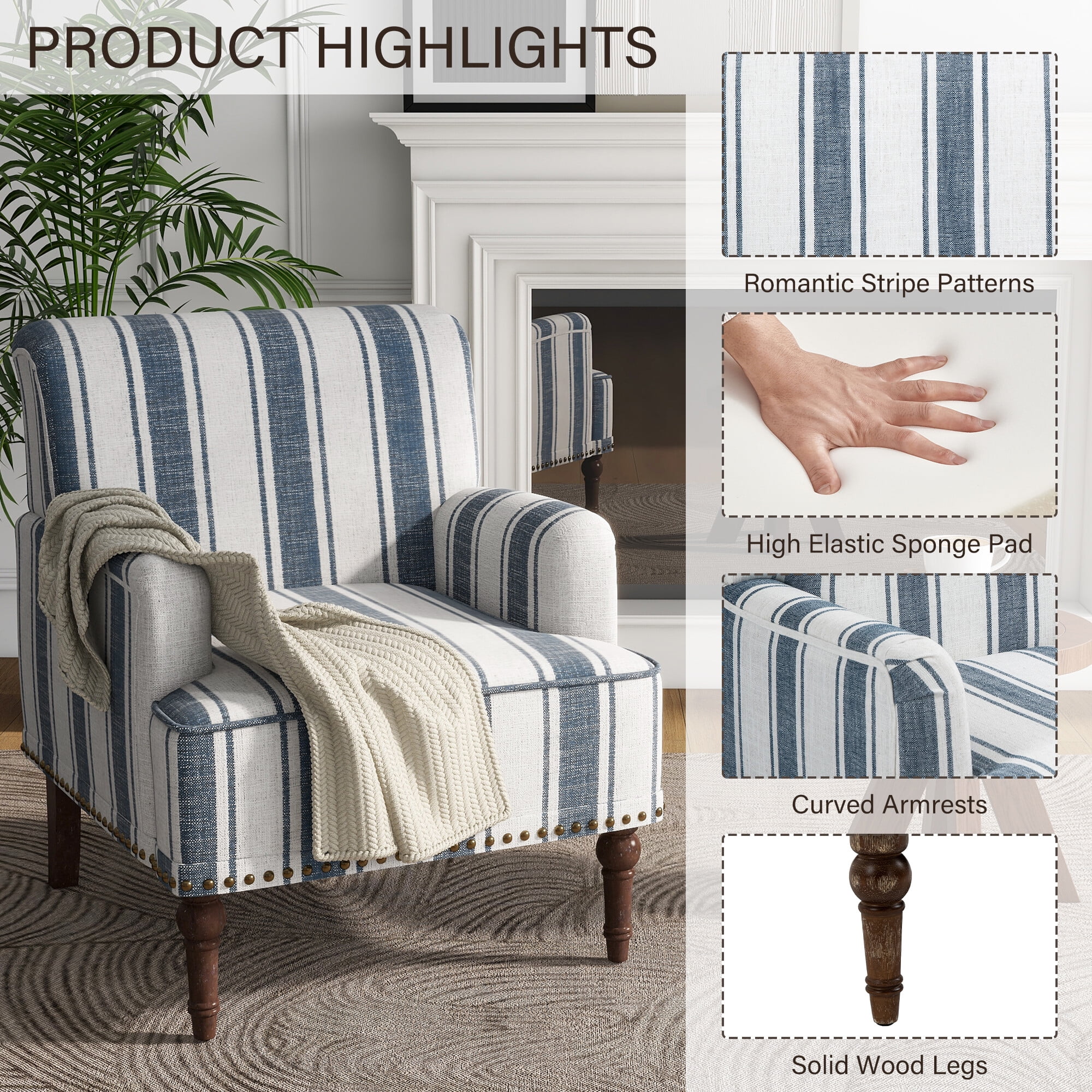 DREAMSIDEA Stripe Accent Chairs Set of 2,Living Room Chair with Arms, Comfy Single Sofa Reading Chair Nailhead Trim for Bedroom, Navy Blue