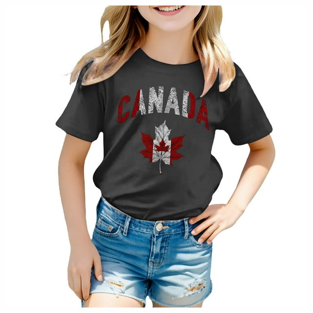 GDREDA Canada T-Shirts Imprimé Drapeau Filles Manches Courtes T-Shirt Col Rond Été Coupe Décontractée T-Shirts Basiques