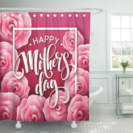 KSADK Red Abstract Happy Mothers Day Lettering with Blooming Pink Rose Flowers Best Shower Curtain Bathroom Curtain 66x72