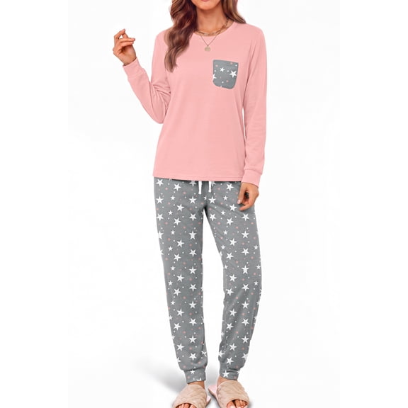 Fantaslook Women Pajama Sets 2 Piece Long Sleeve Pajama Sets With Long Printed Jogger Pants Sleepwear Loose Lounge Sets