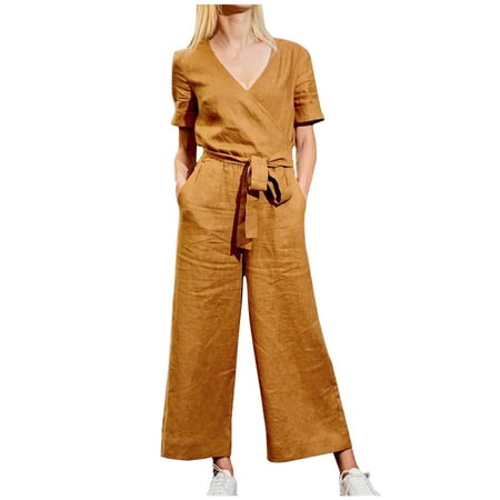

Women Short Sleeve Romper Jumpsuit Belted One Piece Summer Solid Casual V-Neck Overall Jumpsuits with Pockets